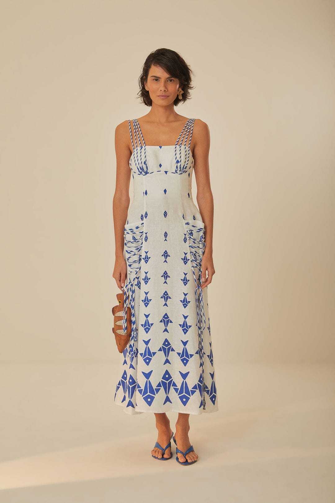 Graphic fishes premium linen maxi dress
