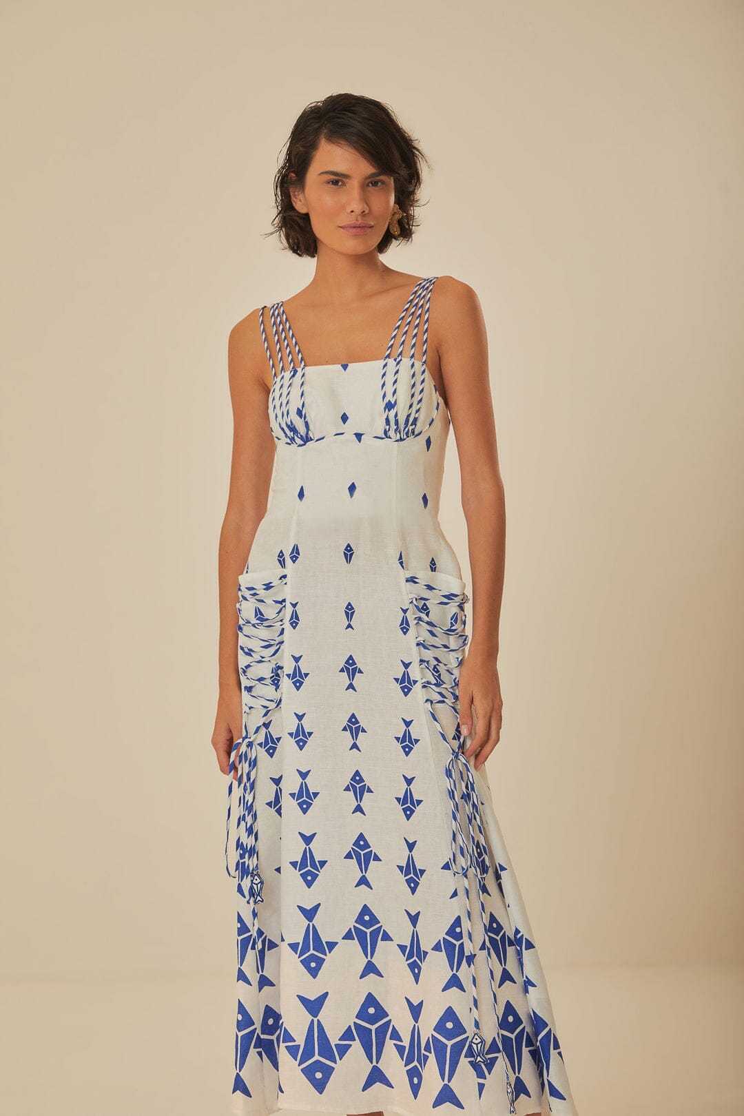 Graphic fishes premium linen maxi dress