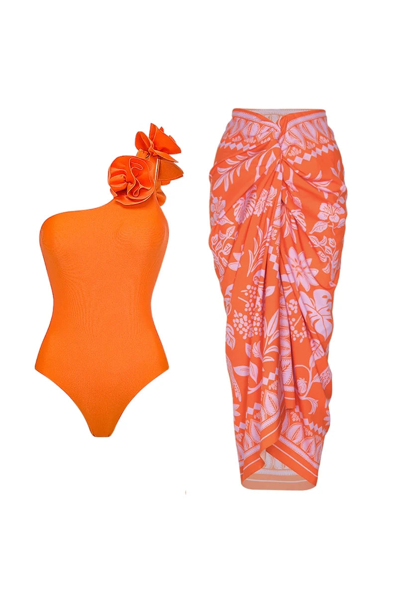 3D Floral Glossy Solid Swimsuit Set-ROVOLE