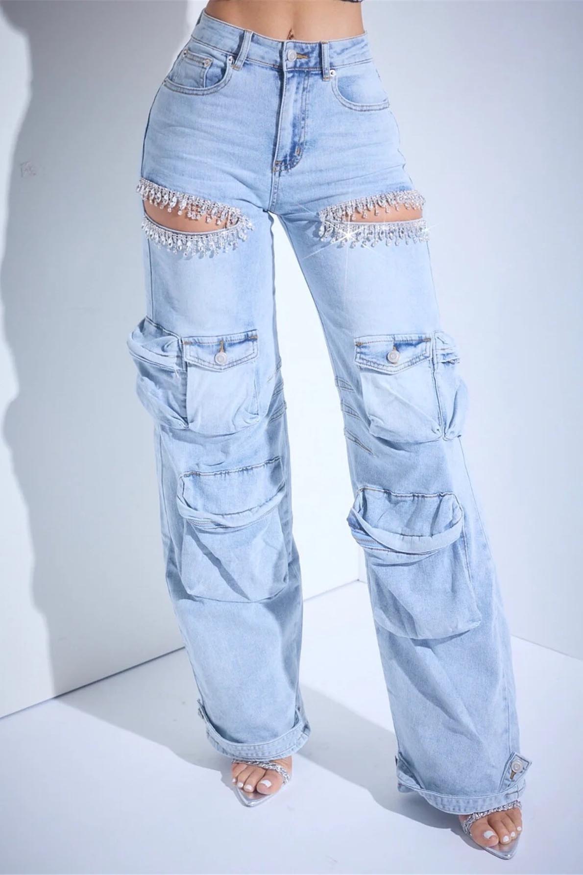 Cut Out Rhinestone Cargo Jeans-ROVOLE