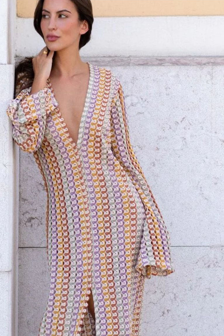 Boho V Neck Bell Sleeve Wavy Striped Crochet Beach Vacation Maxi Dress-ROVOLE
