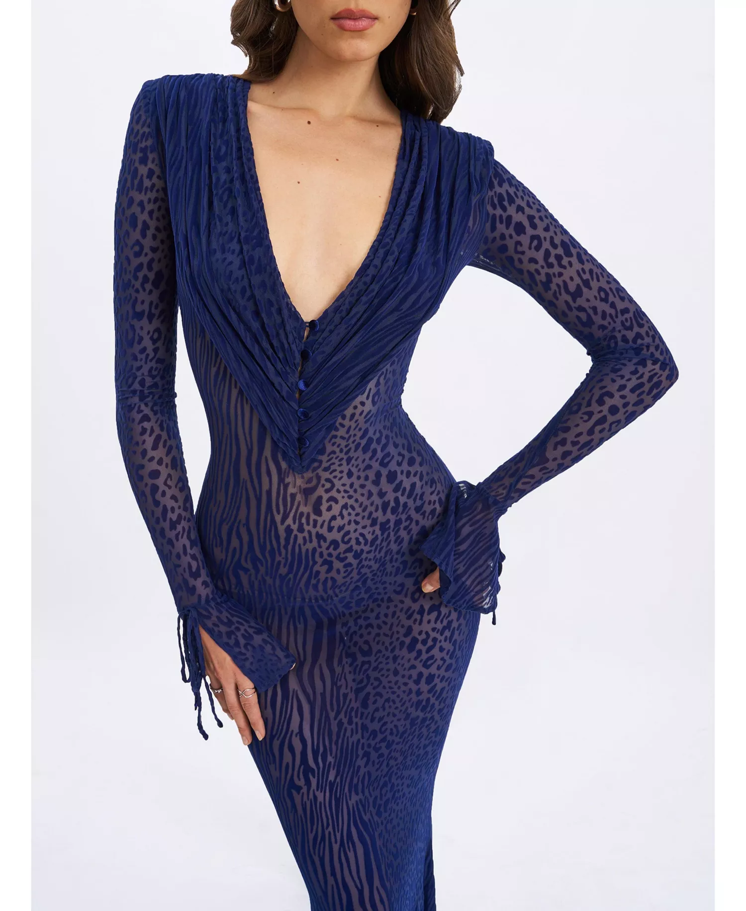 Women's Ilyse Navy V-Neck Plunge Animal Print Mermaid Hem Maxi Dress