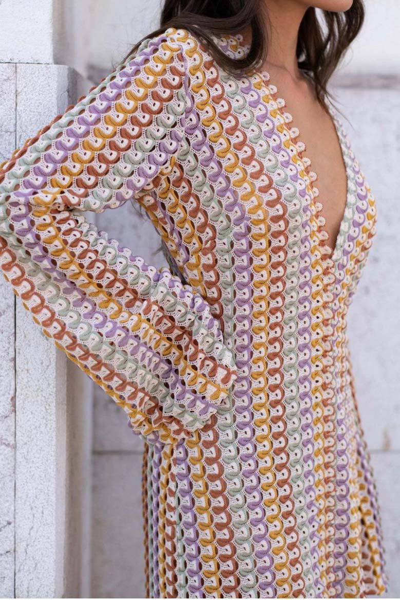 Boho V Neck Bell Sleeve Wavy Striped Crochet Beach Vacation Maxi Dress-ROVOLE