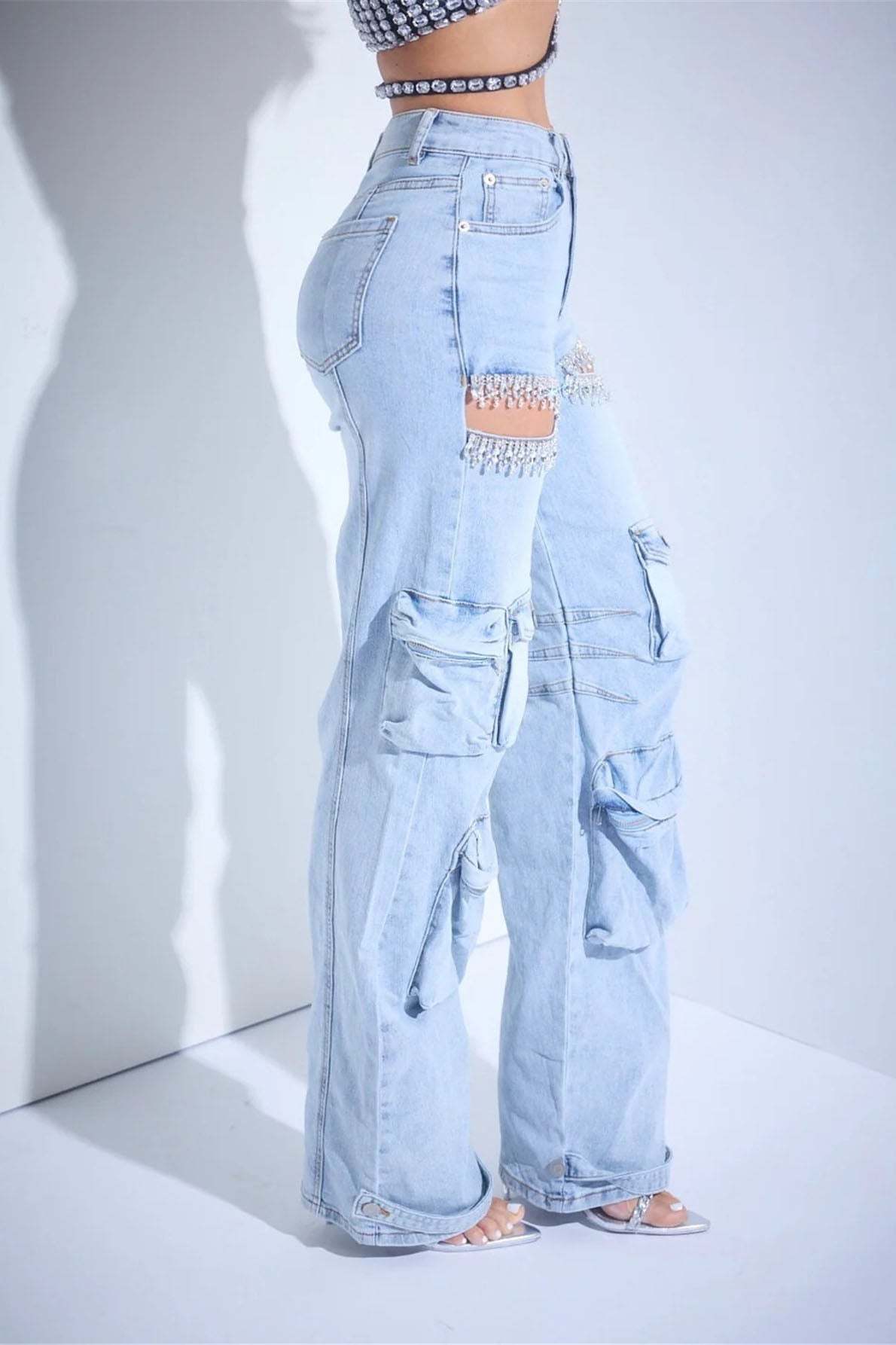 Cut Out Rhinestone Cargo Jeans-ROVOLE