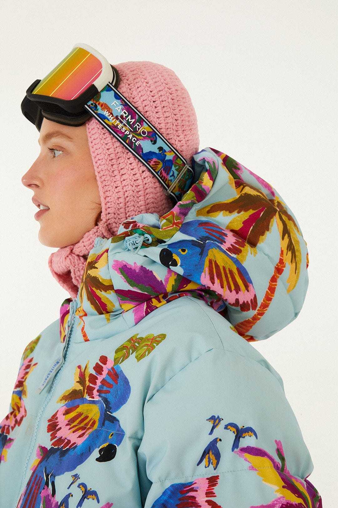 Blue macaw hooded puffer ski jacket