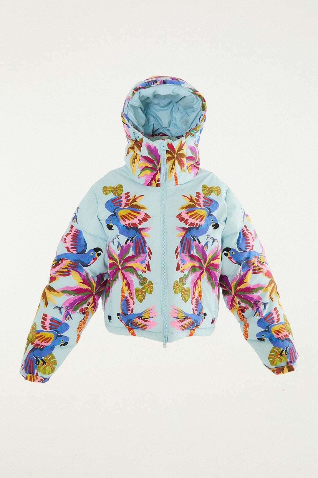 Blue macaw hooded puffer ski jacket