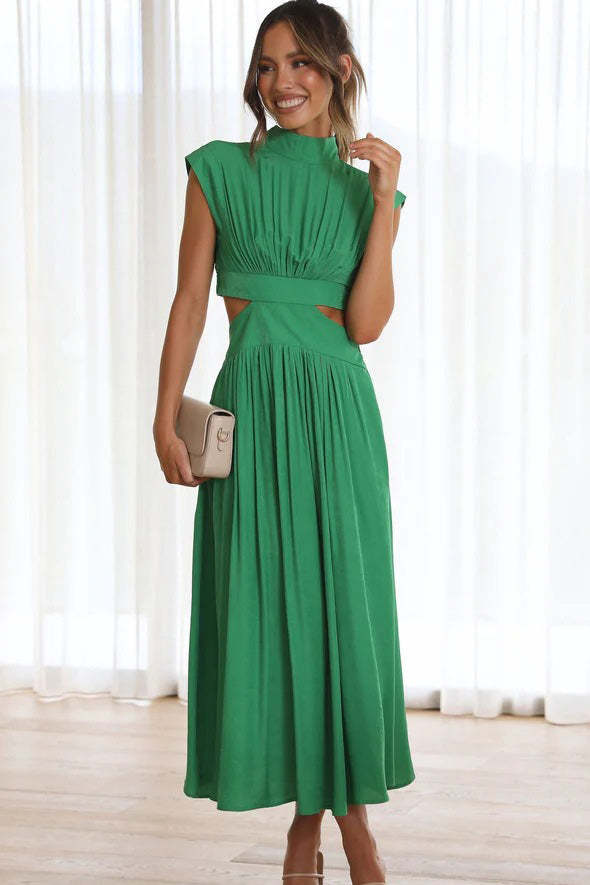 Cutout Waist Pocketed Vacation Midi Dress-ROVOLE