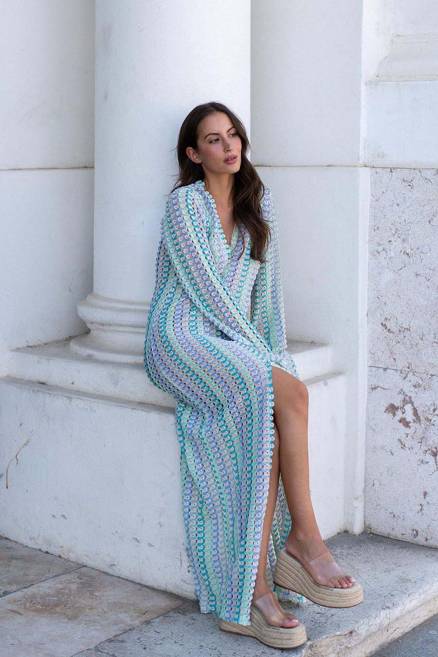 Boho V Neck Bell Sleeve Wavy Striped Crochet Beach Vacation Maxi Dress-ROVOLE