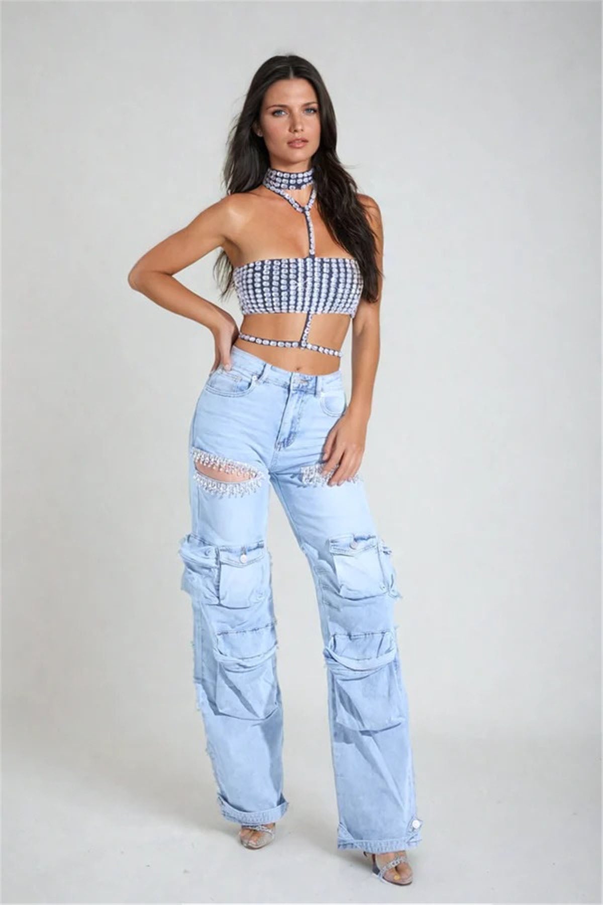 Cut Out Rhinestone Cargo Jeans-ROVOLE