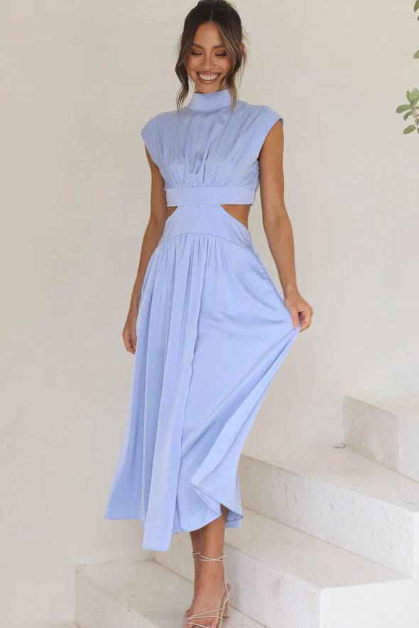 Cutout Waist Pocketed Vacation Midi Dress-ROVOLE