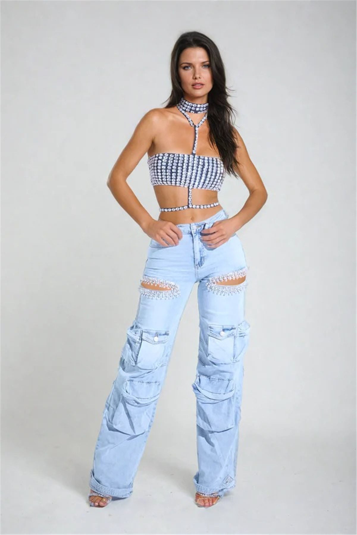 Cut Out Rhinestone Cargo Jeans-ROVOLE