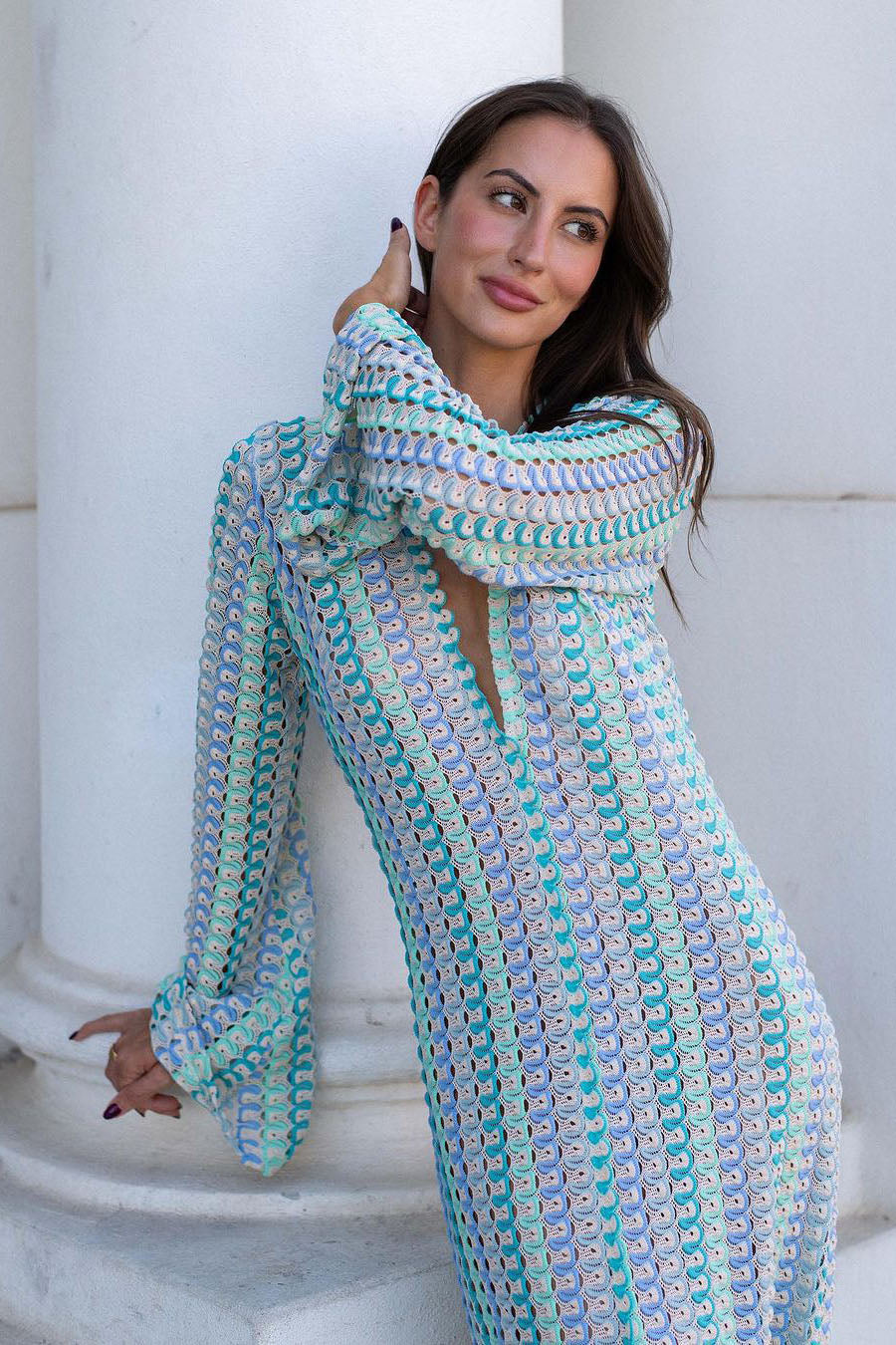 Boho V Neck Bell Sleeve Wavy Striped Crochet Beach Vacation Maxi Dress-ROVOLE