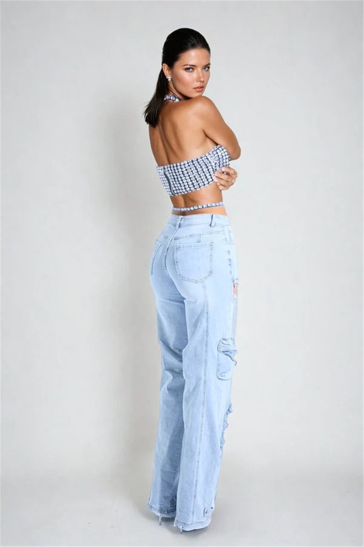 Cut Out Rhinestone Cargo Jeans-ROVOLE