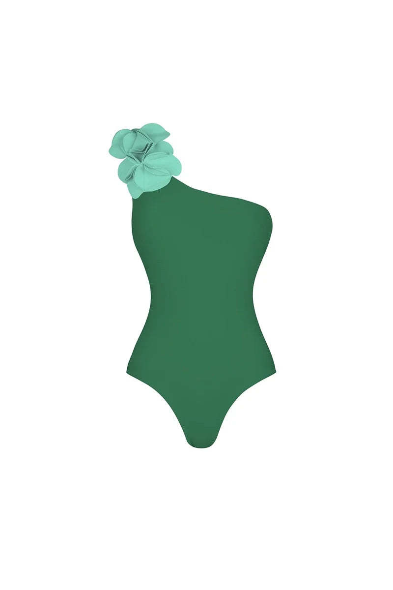 Green One-Shoulder 3D Floral Swimsuit-ROVOLE