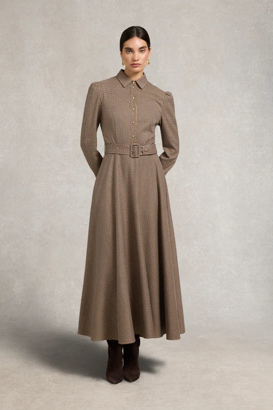 Brown Houndstooth Belted Maxi Shirt Dress-ROVOLE