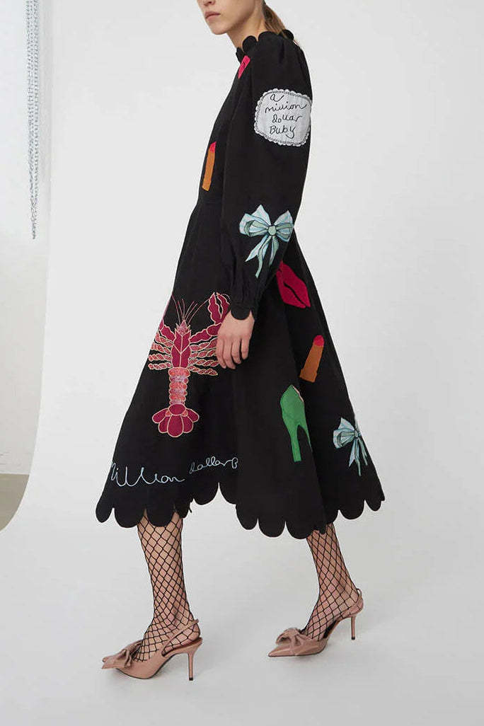 Lobster Graffiti Scallop Trim Midi Dress-ROVOLE