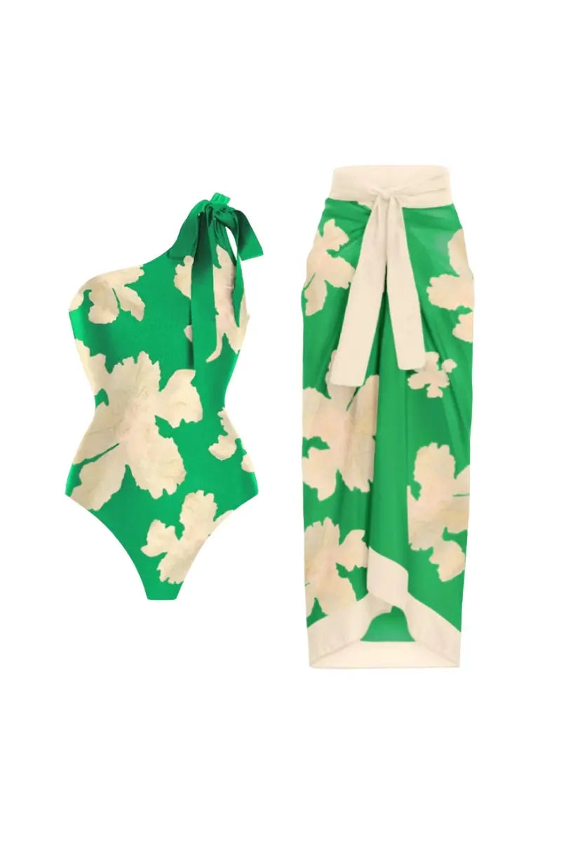 Belted Printed Swimsuits with Wrap Skirt Set-ROVOLE