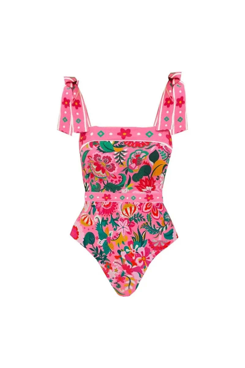 Floral Bowknot Tie One-Piece Swimsuit-ROVOLE
