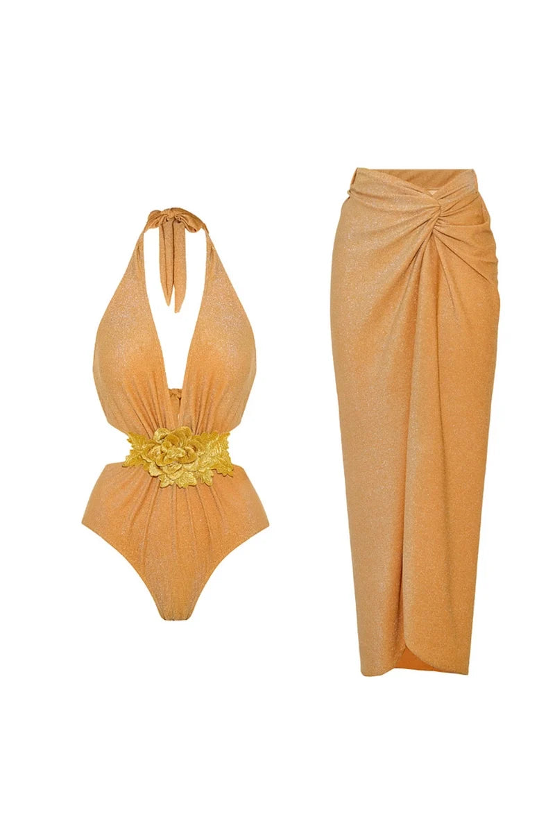 Golden Halter Deep V One-Piece Swimsuit-ROVOLE