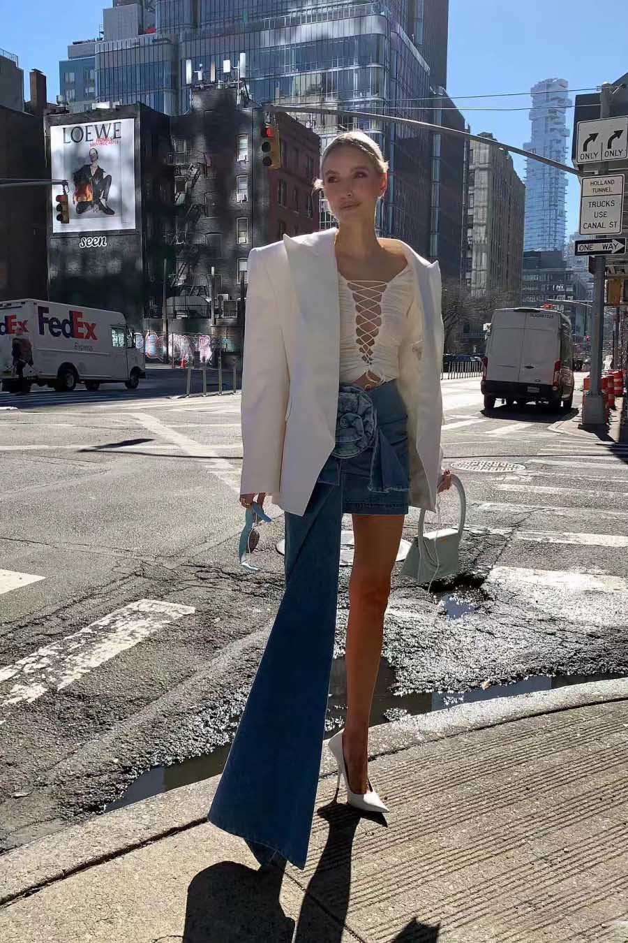 Denim Mini Skirt With 3D Roses-ROVOLE