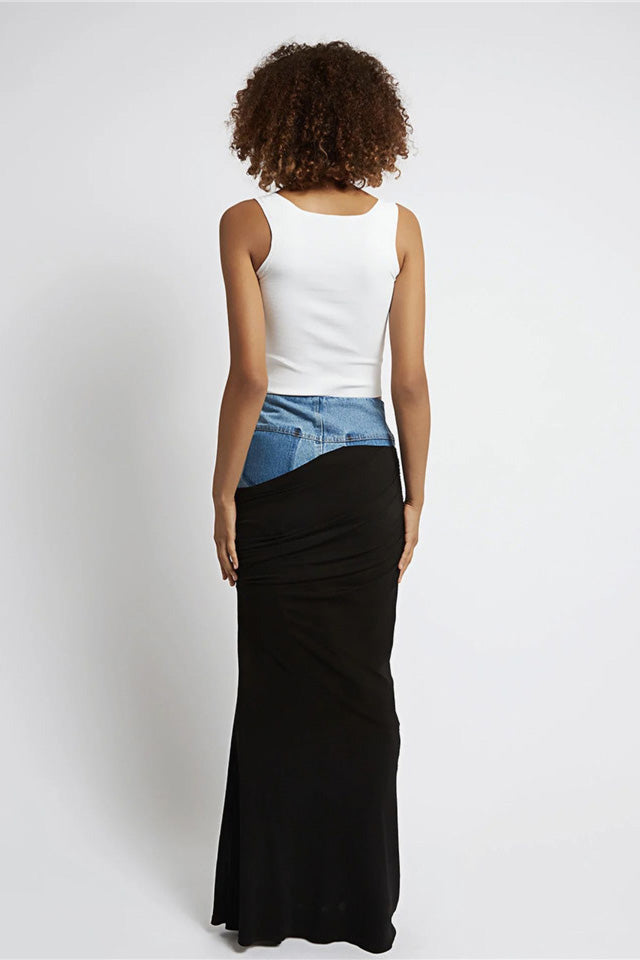 Black Ruched Denim Skirt-ROVOLE