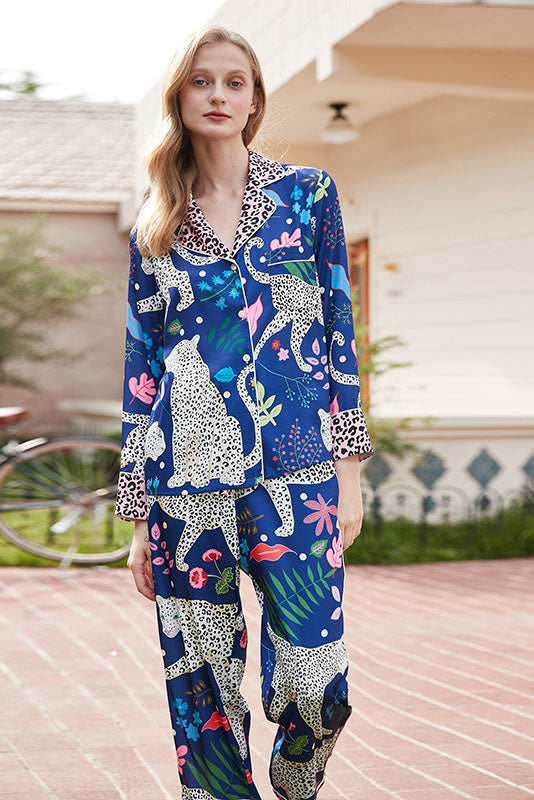 Blue Snow Leopard Print Pajama Set-ROVOLE