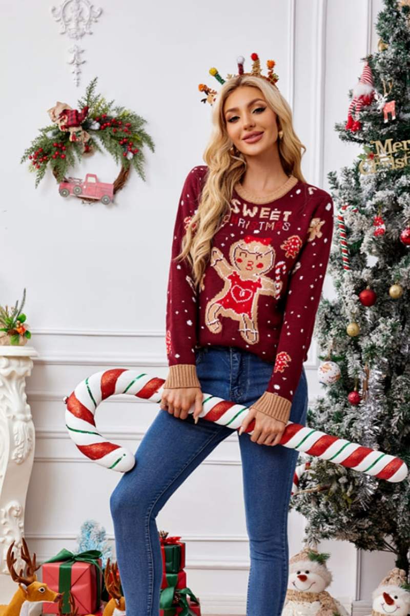 Casual Crewneck Embroidered Sweater – Gingerbread Man-ROVOLE