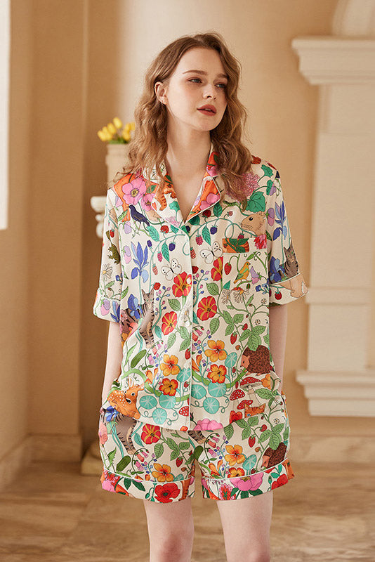 White Forest Garden Print Ice Silk Short Loungewear Set-ROVOLE