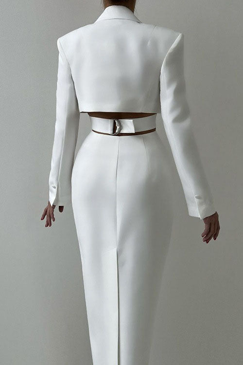 Statement Deep V Metal-Detail Blazer Midi Dress-ROVOLE