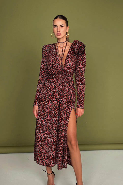 Bertha Flower V Neck Midi Dress-ROVOLE