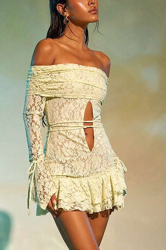 Elegant Ruffled Jacquard Off-Shoulder Mini Dress-ROVOLE