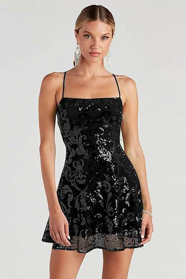 Sleeveless Sequin Strap Mini Dress-ROVOLE