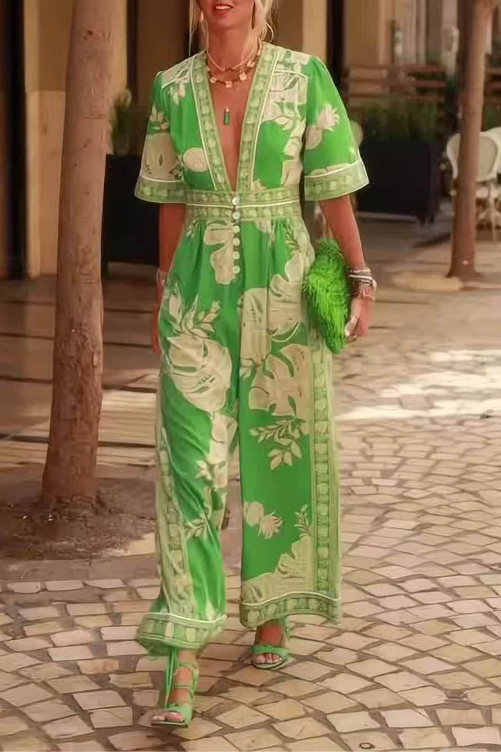 Stylish V-Neck Printed Jumpsuit-ROVOLE
