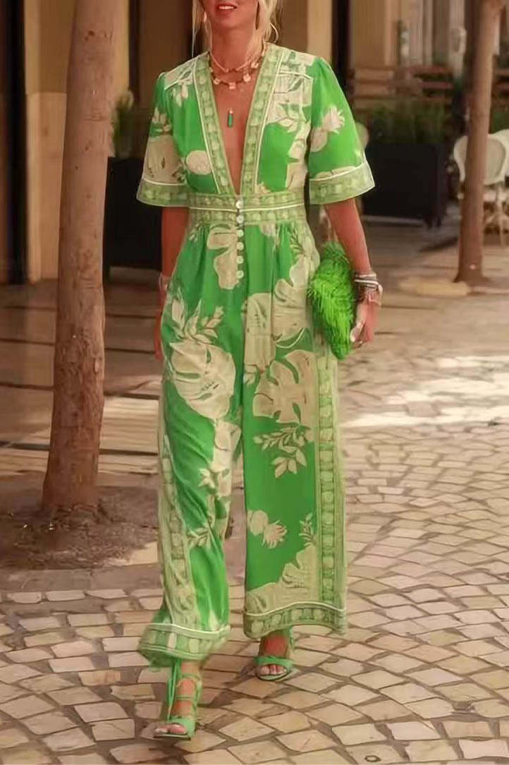 Stylish V-Neck Printed Jumpsuit-ROVOLE