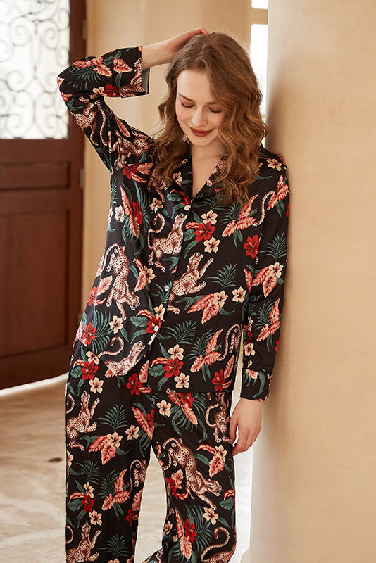 Jaguar and Floral Print Long-Sleeve Loungewear Set-ROVOLE