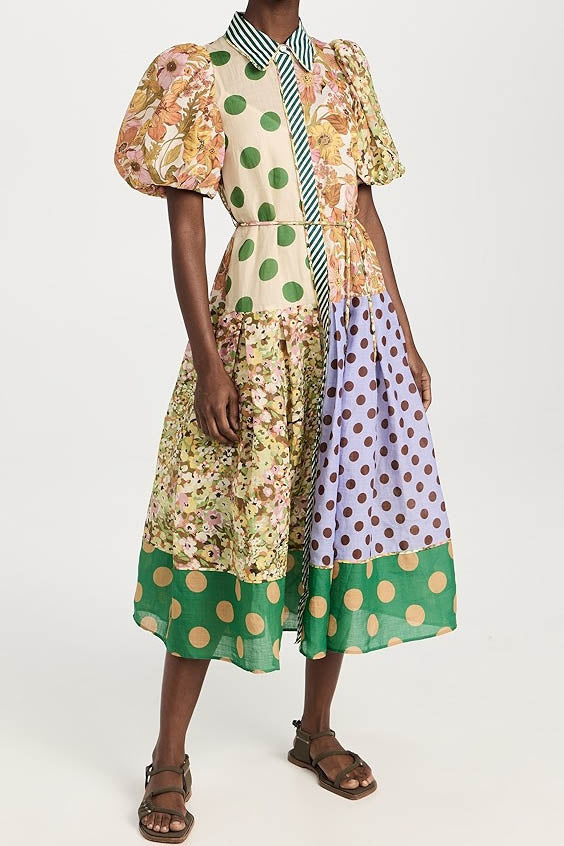 Green Muse Spliced Print Dress-ROVOLE