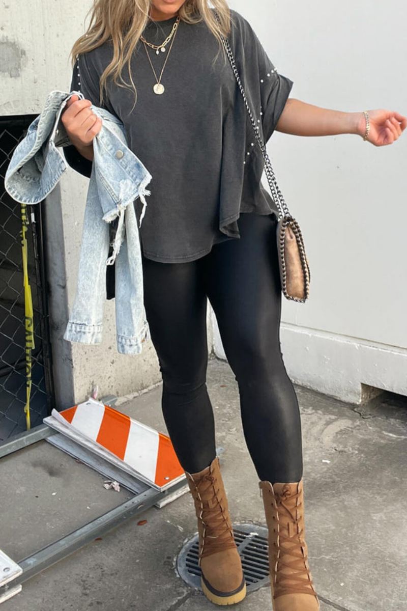 Roll Up Sleeve Studded Oversized Tee-ROVOLE