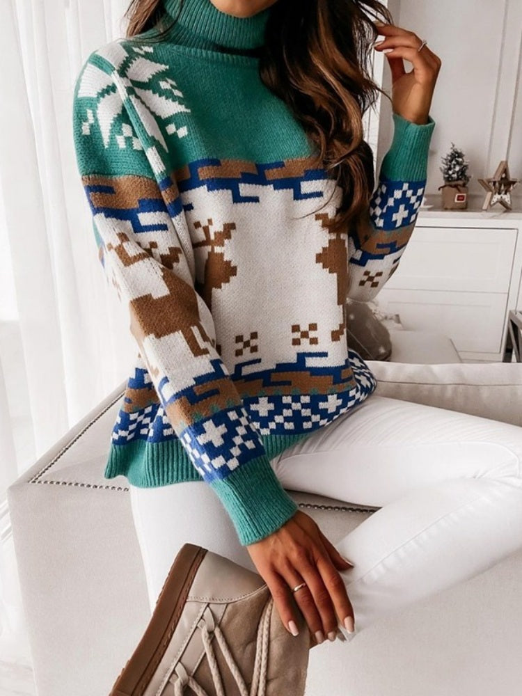 Knit Pullover with Embroidered Reindeer and Snowflake Design-ROVOLE