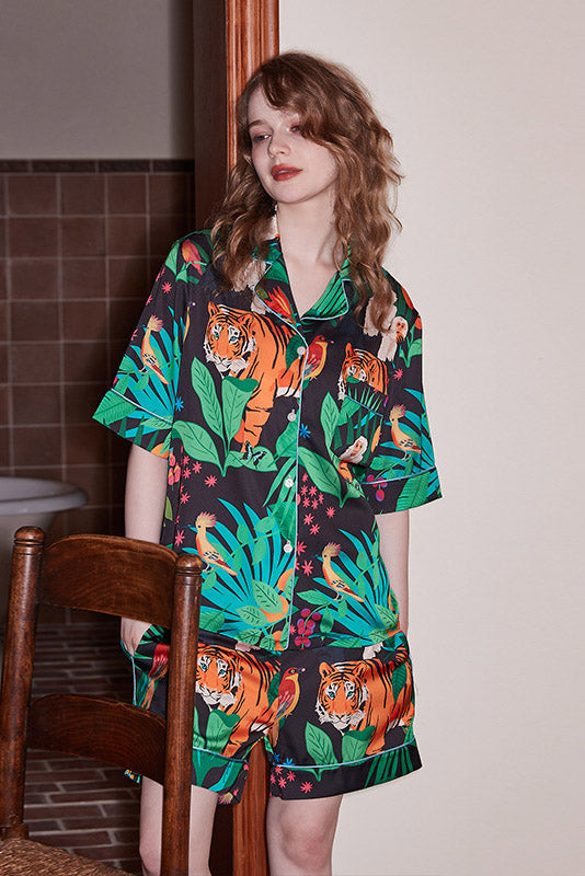 Tiger and Monkey Print Short-Sleeve Loungewear Set-ROVOLE