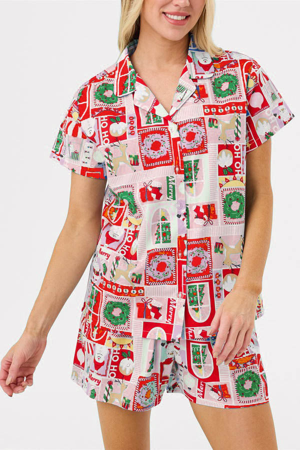 Christmas Print Short Sleeves Cute Cartoon Print Set-ROVOLE