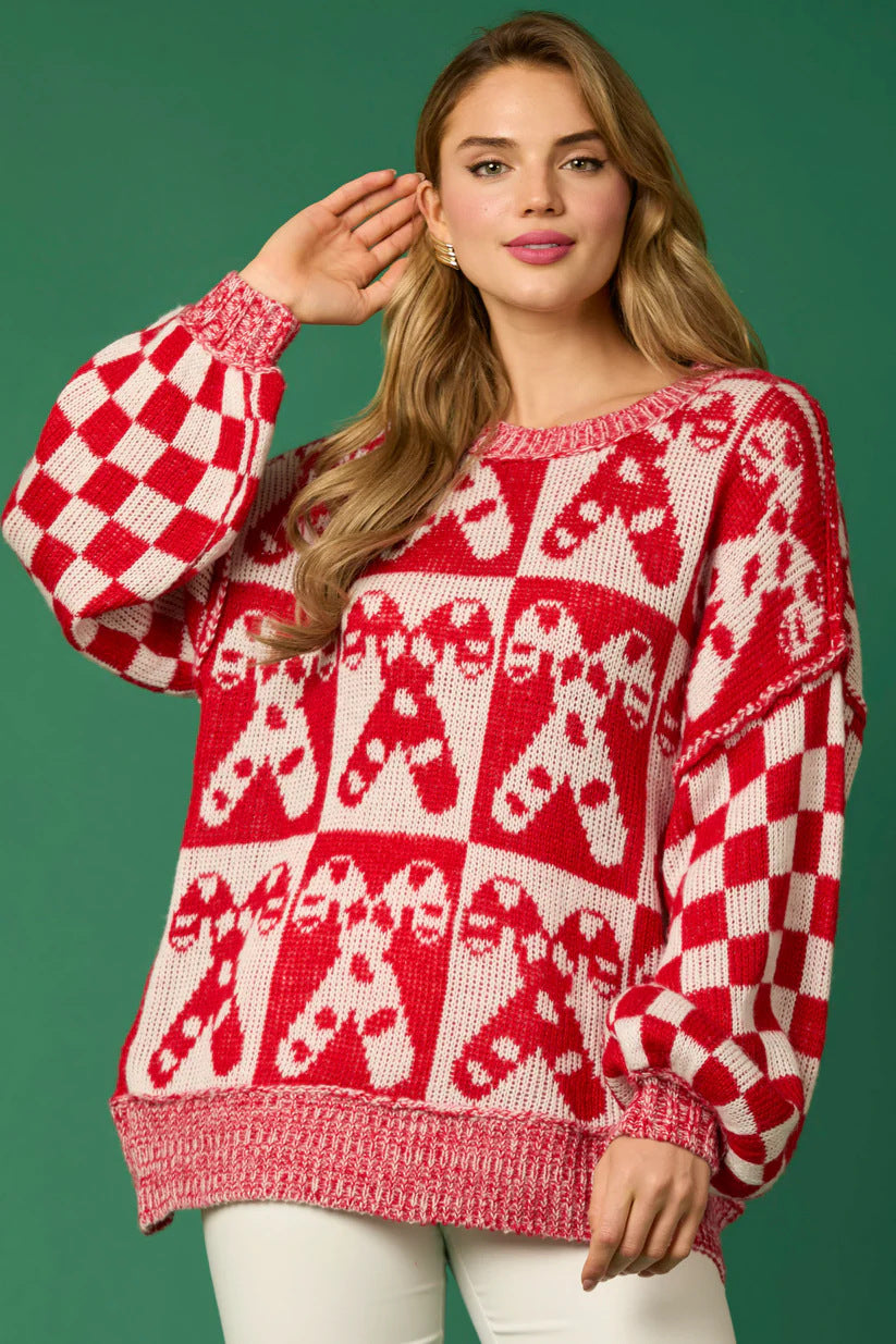 Candy Cane Christmas Needles & Gingerbread Man Knit Sweater-ROVOLE