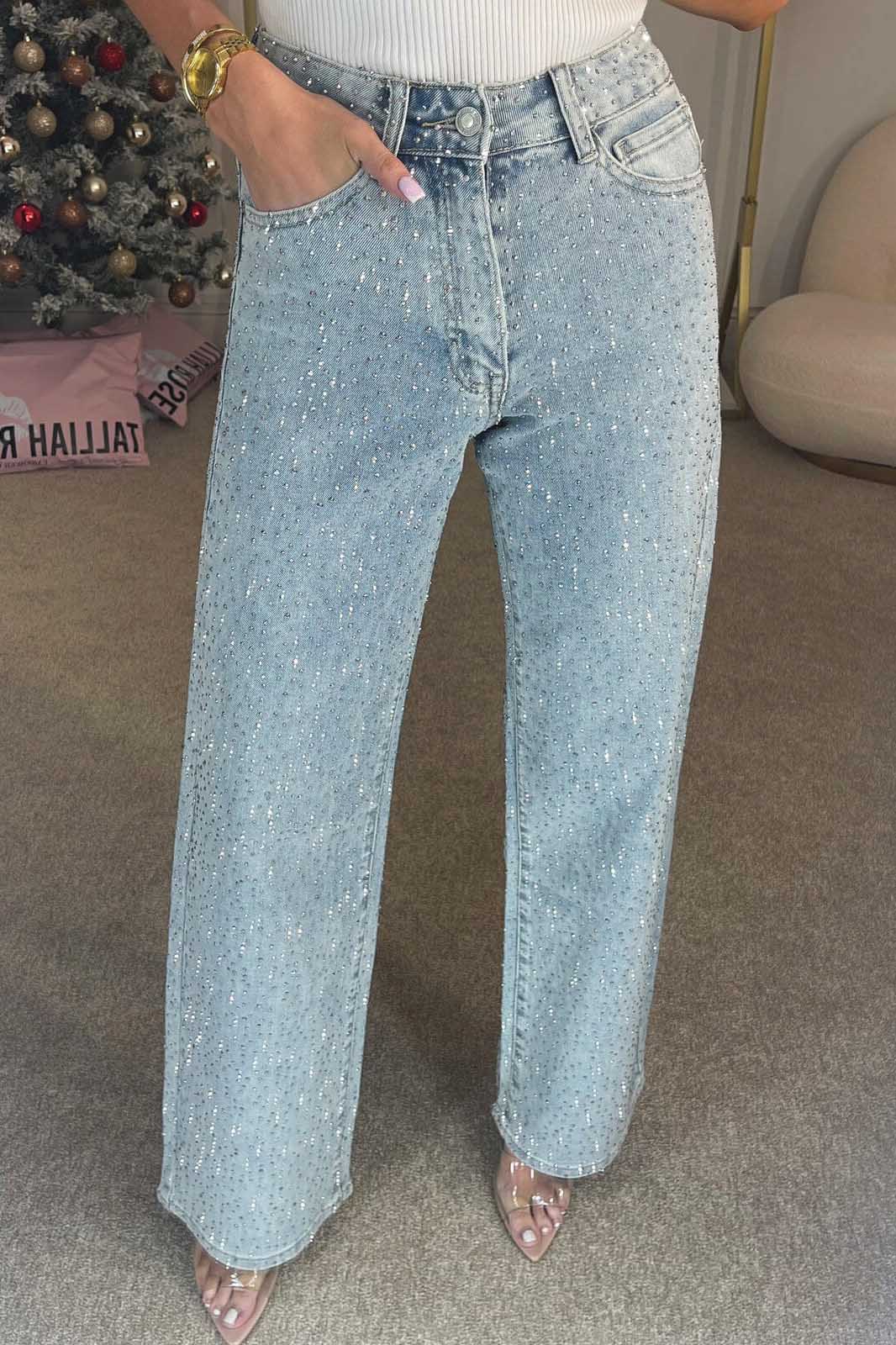 High Waisted Diamanté Straight Leg Jeans-ROVOLE