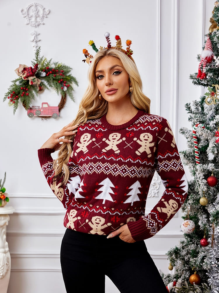 Casual Crewneck Embroidered Sweater – Gingerbread Man-ROVOLE