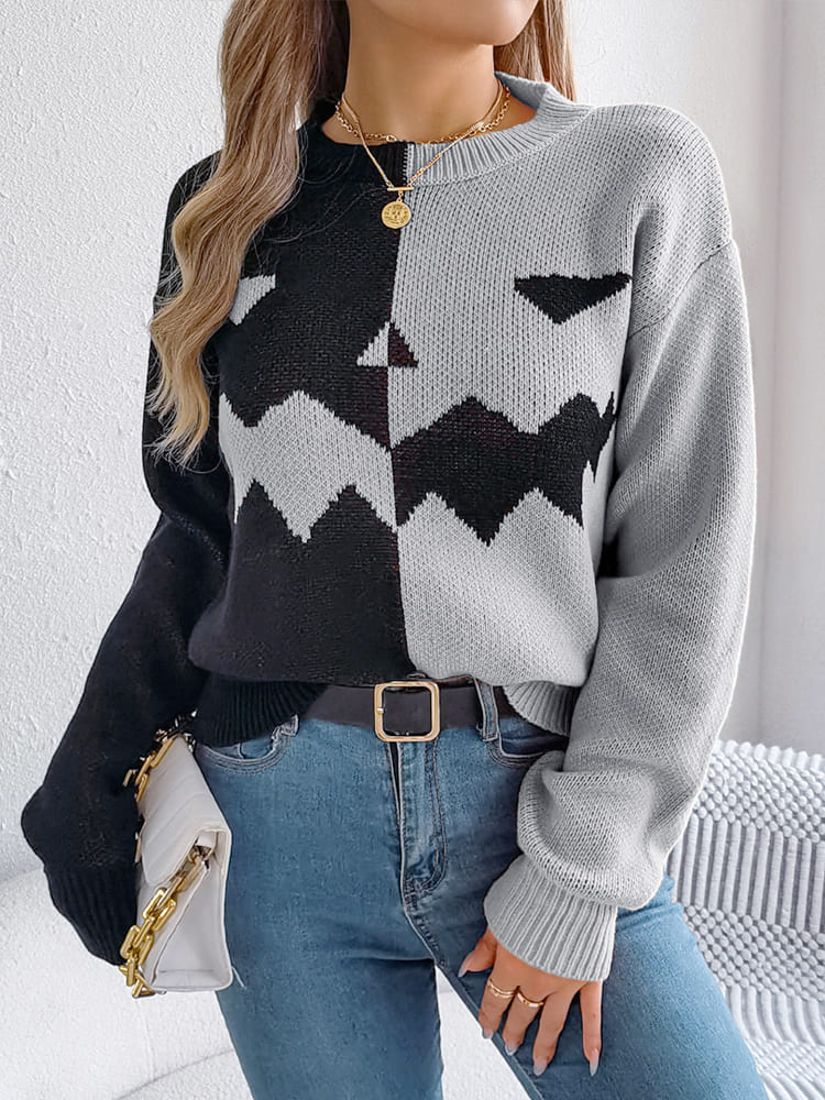Ghost Pattern Long Sleeve Crew Neck Sweater-ROVOLE