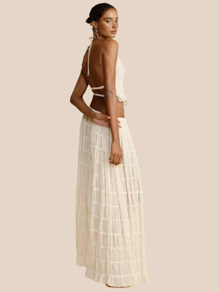 Charm Pleated Drawstring Waist Tiered Maxi Skirt-ROVOLE