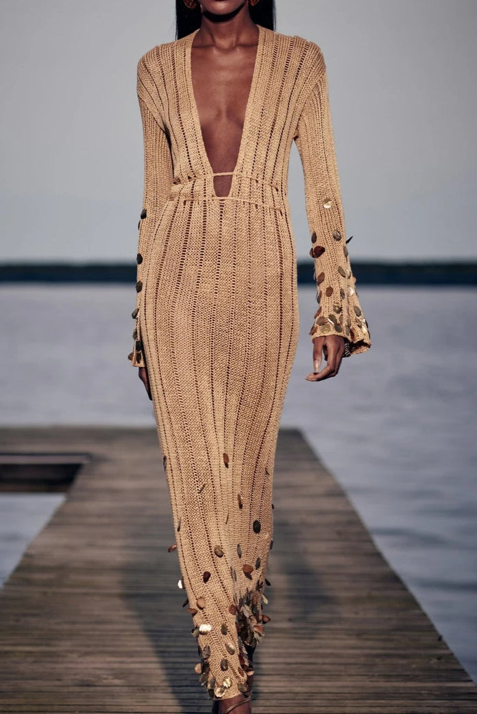 Dolly Gold Knit Maxi Dress-ROVOLE