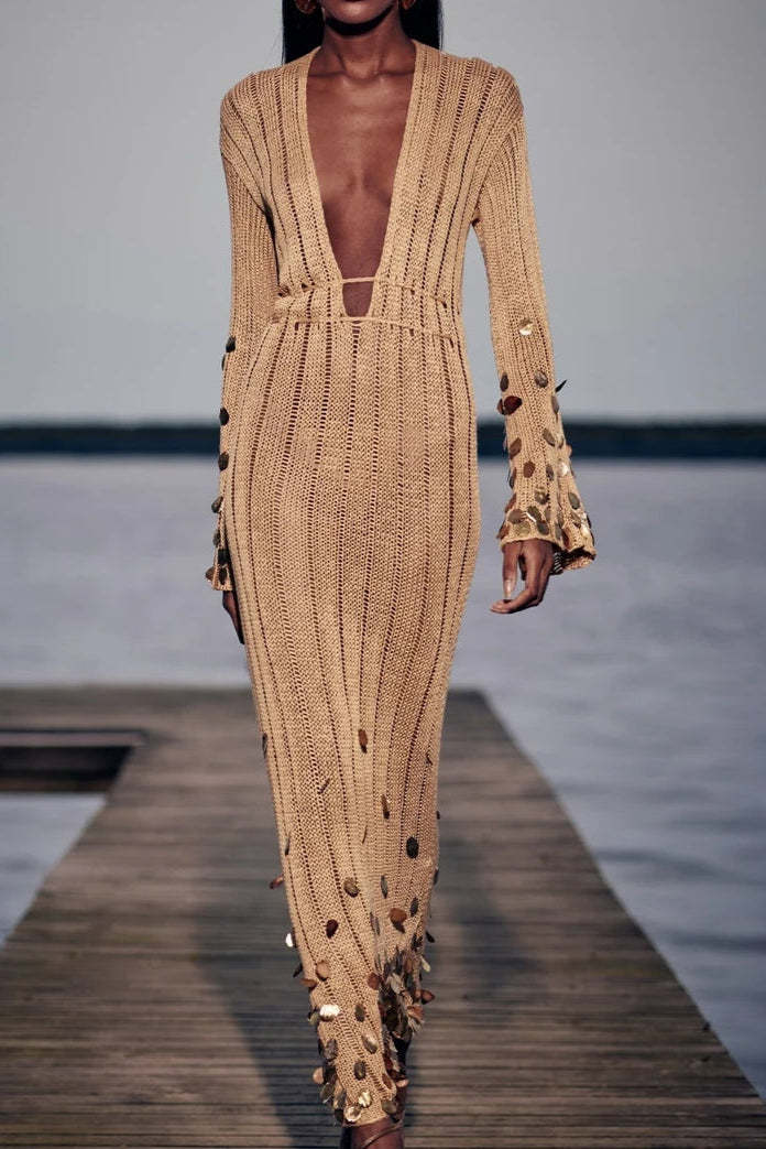 Dolly Gold Knit Maxi Dress-ROVOLE