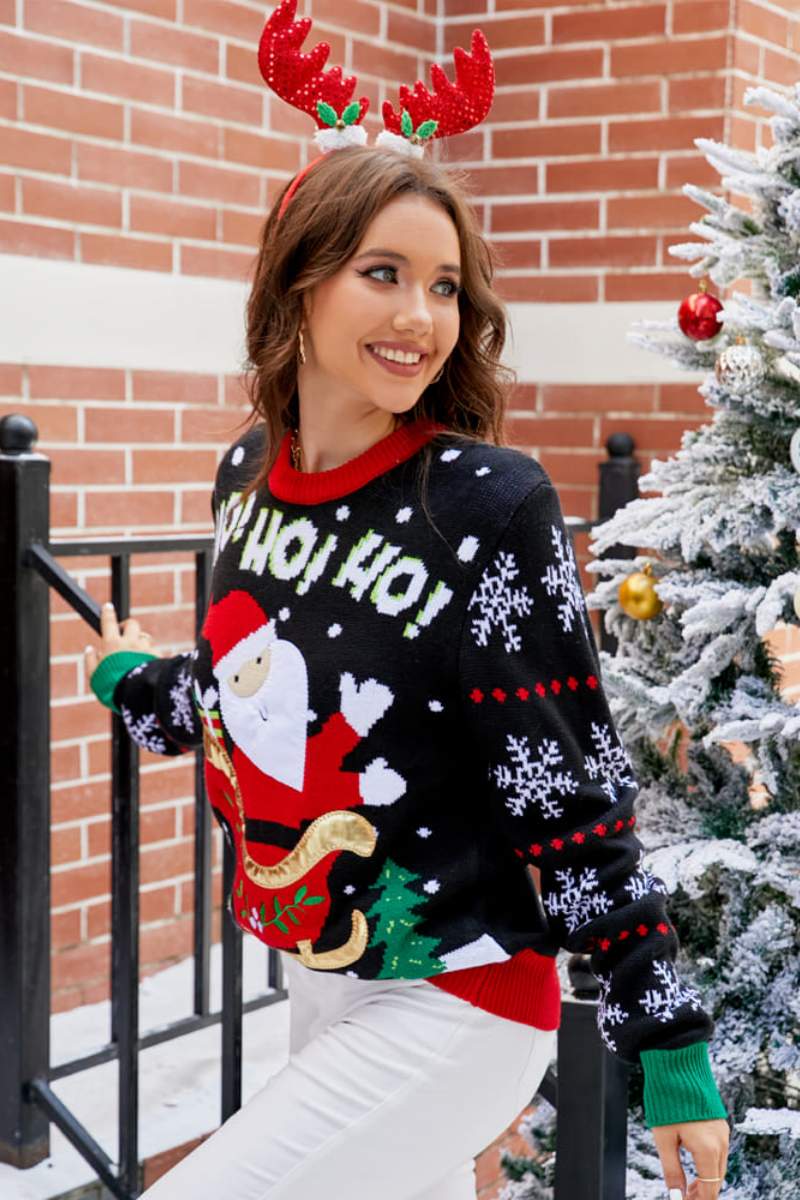 Crewneck Casual Embroidered Santa Sweater-ROVOLE
