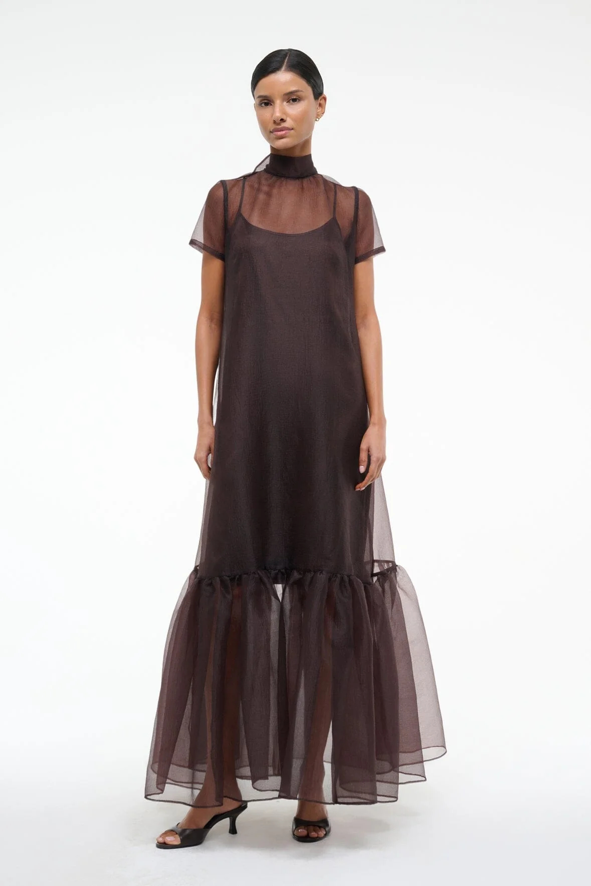 Sheer Turtleneck Bow-Back Tiered Maxi Dress