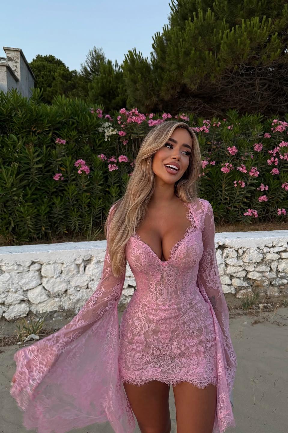 Whispers of Blush Lace Bell-Sleeve Mini Dress-ROVOLE